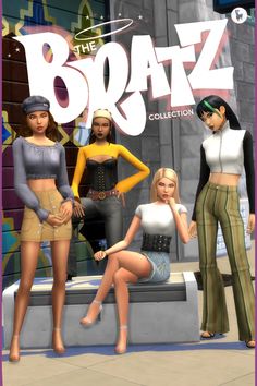 the bratz collection is featured in this image, with three women sitting on a bench