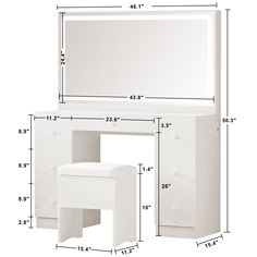 a white vanity and stool with measurements for the top drawer, bottom shelf and mirror