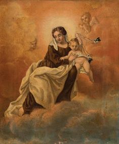 an image of the virgin mary holding a child in her arms with angels flying above