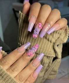 Purple Acrylic Nails With 3d Flowers, Purple 3d Flower Nails, Girls Nail Designs, Lilac Nails, Purple Acrylic Nails, Art Deco Nails, Long Acrylic Nails Coffin, Acrylic Nails Coffin Pink