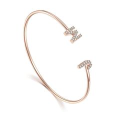 This simple but beautifully styled initial bangle bracelet is perfect for those who covet delicate jewellery with a hint of sparkle, offering a sophisticated finishing touch to any outfit. Pretty and petite, this initial open cuff bangle features a hinge on the underside which makes it easy to put on and take off. The opening is designed to be on top of the wrist, where a zircon adorned monogram sits on one side and a single larger cubic zirconia resides on the other. What can be more personal than a name? Give this initial bangle bracelet as the perfect personalised birthday gift.  Materials: Handcrafted using copper, dipped in 22ct gold. White cubic zirconia. Initial Bangle Bracelet, Loving Wife, Baby Bangles, Bracelet Initial, The Bangles, Letter Bracelet, Cuff Jewelry, Initial Bracelet, Engraved Gifts