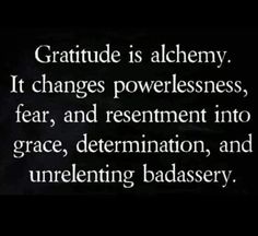 a black and white photo with the words, gratitude is alchemy it changes powerlessness, fear, and