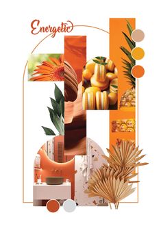 an orange and white collage with different things in it, including flowers, leaves, plants