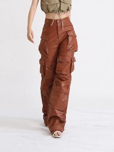 Style: Casual Season: Autumn/Winter Waist Type: high Decoration: Pockets Decoration: PATCHWORK Decoration: Spliced Elasticity: Non Strech Fabric Type: Woven Pattern Type: Solid Pant Style: Cargo Pants Fit Type: LOOSE Length: Floor Length Closure Type: button fly Gender: WOMEN Brown Utility Pants For Winter, Patchwork Pants For Workwear In Fall, Patchwork Pants For Fall Workwear, Fall Patchwork Workwear Pants, Fall Outdoor Pants, Faux Leather Bottoms With Pockets For Winter, Winter Faux Leather Bottoms With Pockets, Brown Cargo Pants For Winter, Trendy Brown Pants With Multiple Pockets