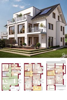 two story house with floor plans and three balconies