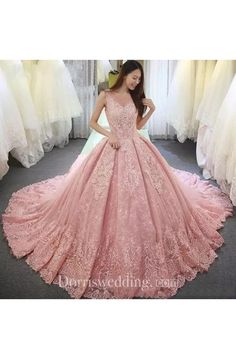 V-neck Illusion 3 4 Length Sleeve Sweep Train Lace Tulle Ball Gown Wedding Dress - Dorris Wedding V-neck Tulle Gown For Debutante Ball, Tulle V-neck Gown For Debutante Ball, Pink Lace Ball Gown For Wedding, Pink Lace Wedding Ball Gown, Pink Lace Wedding Dress For Debutante Ball, Pink Lace Bodice Evening Dress For Wedding, Wedding Evening Dress With Illusion Neckline And Tulle, Pink Wedding Dress With Illusion Neckline, Wedding Pink Dress With Illusion Neckline