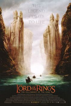 the lord of the rings movie poster with two men standing in front of three giant statues