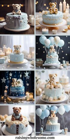 a collage of photos with teddy bears on top of cakes and balloons in the air