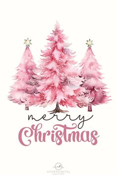 watercolor christmas trees with the words merry christmas written in pink and silver on top