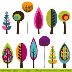 an assortment of colorful trees and plants on a white background with the words retro trees clip art