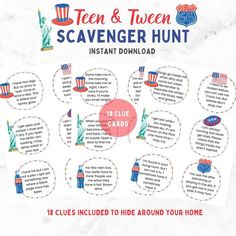 an american flag themed scavenger hunt is shown in this printable activity sheet