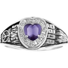 Regal Prestige Ladies' Class Ring with Bezel set Heart stone Hallmarked Heart Ring For Valentine's Day Formal, Elegant Hallmarked Heart Ring For Valentine's Day, Graduation Rings College Sterling Silver, Purple Hallmarked Crystal Ring Gift, Jostens Class Rings High Schools, Class Rings High School, Jared The Galleria Of Jewelry, Stone Heart, The Prestige