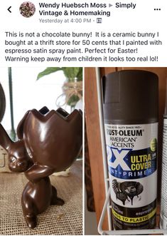 two pictures one is brown and the other has chocolate bunny it is a ceramic bunny that painted with espresso satin spray paint