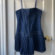 Size M Never Worn Purchased From Urban, Super Cute! Sleeveless Denim Corset Dress, Fitted Mini Denim Dress With Zipper Closure, Denim Mini Dress With Button Closure, Medium Wash Patchwork Denim Dress, Fitted Denim Dress With Zipper Closure, Mini Length, Denim Corset, 80 Dress, Corset Dress, Pleated Dress