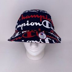 Nwt Champion Logo Script Bucket Hat L/Xl Blue All Over Print Spellout Beach Letter Print Visor Hats For The Beach, Beach Visor Hat With Letter Print, Blue Letter Print Hats For Summer, Blue Letter Print Hat For Summer, Blue Retro Bucket Hat With Curved Brim, Retro Blue Bucket Hat With Curved Brim, Retro Blue Bucket Hat For Summer, Blue Letter Print Summer Hat, Blue Summer Hats With Letter Print