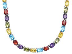 Bella Luce ® multicolor gemstone simulants 52.05ctw oval, rhodium over sterling silver necklace. Measures approximately 18"L x 0.13"W and has a hidden box closure. Fine Jewelry Multicolor Oval Gemstones, Oval Multicolor Gemstones With Accents, Multicolor Oval Stone Jewelry, Multicolor Multi-stone Oval Necklaces, Multicolor Multi-stone Oval Necklace, Multicolor Oval Multi-stone Necklace, Oval Multicolor Multi-stone Necklaces, Oval Cubic Zirconia Necklaces With Gemstone Accents, Oval Cubic Zirconia Necklace With Gemstone Accents