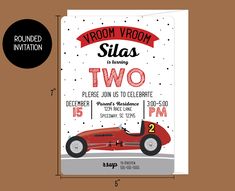 a red race car birthday party card with the words,'slas two please join us to celebrate