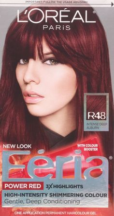 Feria by L'Oreal Paris gives you cutting-edge, multi-faceted, shimmering color that never wrecks or ravages. L'Oreal Paris Feria Shimmering Permanent Hair Color, R48 Red Velvet (Intense Deep Auburn), 1 kit; Feria by L'Oréal Paris gives you cutting-edge, multi-faceted, shimmering color for vibrant, healthy-looking hair Feria's Bonding Care Complex Conditioner helps repair hair's strength; Helps protect fragile hair bonds Delivers trendy, edgy, shimmering, fashionable and multi-tonal hair colors V Edgy Hair Color, Burgundy Highlights, Blonde Dye, Red Balayage, Hair Color Underneath, Fall Hair Color Trends, Black Hair With Highlights, How To Lighten Hair, Burgundy Hair