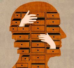 a person's head is shown with drawers stacked on top of each other and hands reaching for the drawer