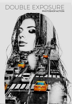 a woman with long hair standing in front of a city street filled with cars and taxis