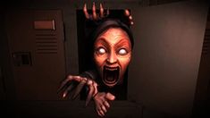 an animated image of a creepy woman coming out of a door with her hands in the air