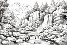 a black and white drawing of a waterfall in the woods with trees on either side