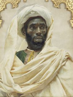 a painting of a man with a white turban and gold trim around his head