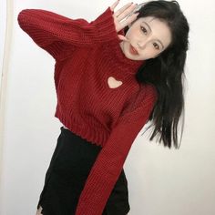 Cropped long sleeve sweater with a hollow heart. This knitted pullover in white or red color is ulzzang fashion from Korea Asian one size / Talla única asiática: Shoulder 37cm Bust 90cm Sleeve 54cm Length 38cm Please check the measurement carefully. Because of different producing batches, there may be differences of about 2 cm. Attention, the colors shown in photography maybe do not correspond 100% with the original,it can be variations, and also in textures,you have to take this into considerat Cute Solid Color Fall Sweater, Casual Heart-shaped Sweater For Winter, Casual Heart-shaped Winter Sweater, Trendy Red Turtleneck Sweater, Fall Heart-shaped Sweater, Cute Heart-shaped Winter Sweater, Trendy Winter Sweater With Heart Design, Trendy Red Knitted Sweater, Heart-shaped Knit Sweater For Winter