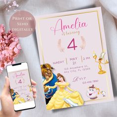 a person holding up a phone next to a princess birthday party card with an image of beauty and the beast on it