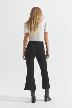 The Dawson Crop Flare Trouser is an essential style inspired by the best-selling Robertson. They feature a custom button tab detail with a mid rise. Classic Black Cropped Leg Pants, Fall Office Bottoms With Cropped Leg, Tailored Mid-rise Bottoms With Belt Loops, Classic Cropped Leg Office Bottoms, Classic Cropped Leg Bottoms For Office, Tailored Cropped Leg Workwear Bottoms, Stretch Cropped Leg Bottoms With Belt Loops, Black Mid-rise Bottoms With Welt Pockets, Chic Fitted Cropped Leg Dress Pants