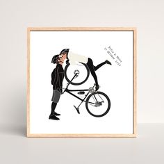 a drawing of a man riding a bike with another person on it's back