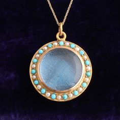 A beautifully made Victorian locket fashioned in warm 15k gold and set with alternating turquoise cabochons and seed pearls. The lenses are made of solid rock crystal which gives this piece a pleasing weightiness. Lovely quality. Victorian Turquoise Jewelry For Wedding, Turquoise Locket For Wedding Jewelry, Turquoise Locket Jewelry For Wedding, Turquoise Wedding Locket Jewelry, Turquoise Round Locket Jewelry, Turquoise Medallion Locket Jewelry, Round Turquoise Locket Jewelry, Victorian Hallmarked Turquoise Jewelry, Victorian Turquoise Gemstone Jewelry