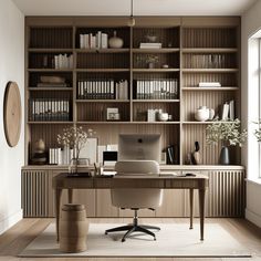 a desk with a laptop on top of it in front of a bookshelf