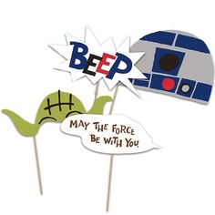 two star wars photo booth props with the words pep and may the force be with you