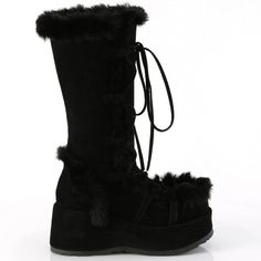 2 3/4" Platform Faux Fur Lace Up Boots. Mid Calf Height. Full Inner Side Zipper Closure. Black Faux Suede. Styles: Clubbing Winter Dance Drag Dancing Festival Dragqueen Bbuc-311 Faux Fur Platform Boots With Round Toe, Faux Fur Lined Round Toe Platform Boots, Faux Fur Lined Platform Boots With Round Toe, Black Platform Boots With Faux Fur Lining, Black Faux Fur Boots With Round Toe, Black Platform Boots With Faux Fur Lining For Winter, Black Faux Fur Boots With Trim, Winter Faux Fur Platform Boots With Round Toe, Black Boots With Faux Fur Trim