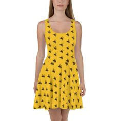 Do you love bees? Or maybe you know someone who does? This dress is designed for anyone who is a bee fan. A great birthday or holiday gift idea. By the way, the shipping is on us. Dress to impress with this sleeveless skater dress! The soft fabric and flared skirt give it an elegant twist that brings out the intricate design with a beautiful vibrancy. * 82% polyester, 18% spandex * Smooth and elastic fabric * Mid-thigh length flared skirt * Elastic waistline * Overlock seams, coverstitch hemline Bee Dress, Bee Print, Elastic Fabric, Flared Skirt, Dress Clothes For Women, Flare Skirt, Skater Dress, Dress To Impress, Soft Fabrics