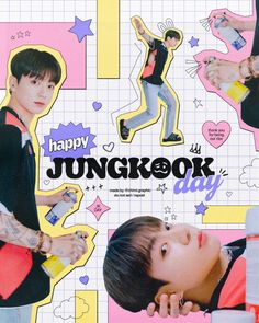 an image of a young man with tattoos on his arms and chest, in front of a poster that says happyjunrkook day