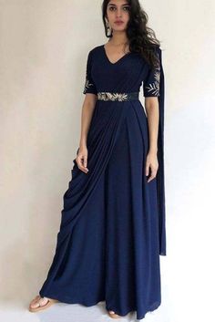 Navy Blue Long Georgette Gown With Embroided Sleeves and Belt | Etsy Canada Western Gowns Party Wear, Drape Dupatta, Dupatta Dress, Party Wear Gowns, Function Dresses, Georgette Gown, Gown Party Wear, Long Gown Design, Simple Gowns