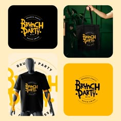 four different logos for brunch party, including a black bag with yellow lettering