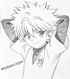 an anime drawing of a guy with his hair in the air and wearing a white shirt