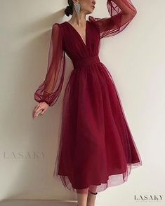 Lasaky - Autumn-inspired Vintage V-Neck Mesh Dress: Figure-Flattering, Waist-Cinching, Crimson Cocktail Dress Long Sleeved Dress Midi, Symphony Dress, Tea Length Prom Dress, Clothing Reference, Strawberry Dress, V Neck Prom Dresses, Evening Party Gowns, Guest Attire, Custom Size Dresses