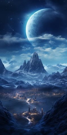 an alien landscape with mountains and a moon in the sky over a city at night