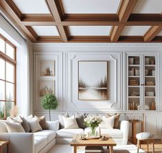 a living room filled with white furniture and lots of wooden beams on the ceiling,