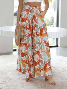 SUMMER CASUAL LACE-UP WIDE-LEG PANTS_RCXL00641 Size Chart(Inch) Waist Length S 25.98 40.16 M 27.56 40.55 L 29.13 40.94 XL 30.71 41.34 2XL 32.28 41.73 Blue Midi Skirt, Fashion Trousers, High Waist Wide Leg Pants, Loose Trousers, Boho Pants, How To Hem Pants, Weave Style, Trouser Style, Floral Pants