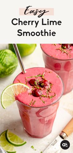 two glasses filled with raspberry lime smoothie