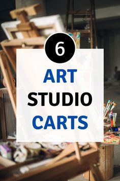 the words art studio carts are in front of an easel with paintings on it