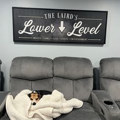 a dog laying on top of a couch covered in a blanket next to two recliners