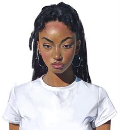 a painting of a woman with braids on her hair and wearing a white t - shirt