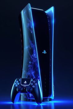 an image of a video game console in the dark with blue lighting coming from it