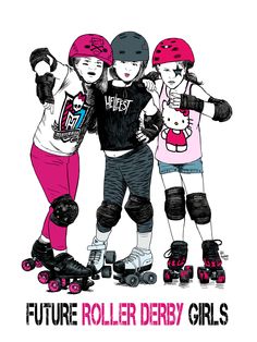 three girls in roller skate gear are posing for the camera with their arms around each other